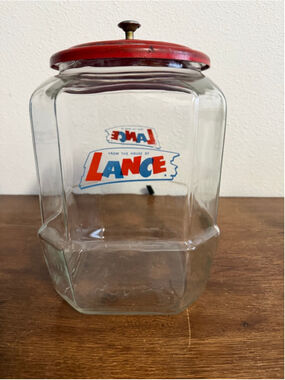 Vintage Lance Glass Jar “From The House of Lance” Store Display w/ Red Metal Lid